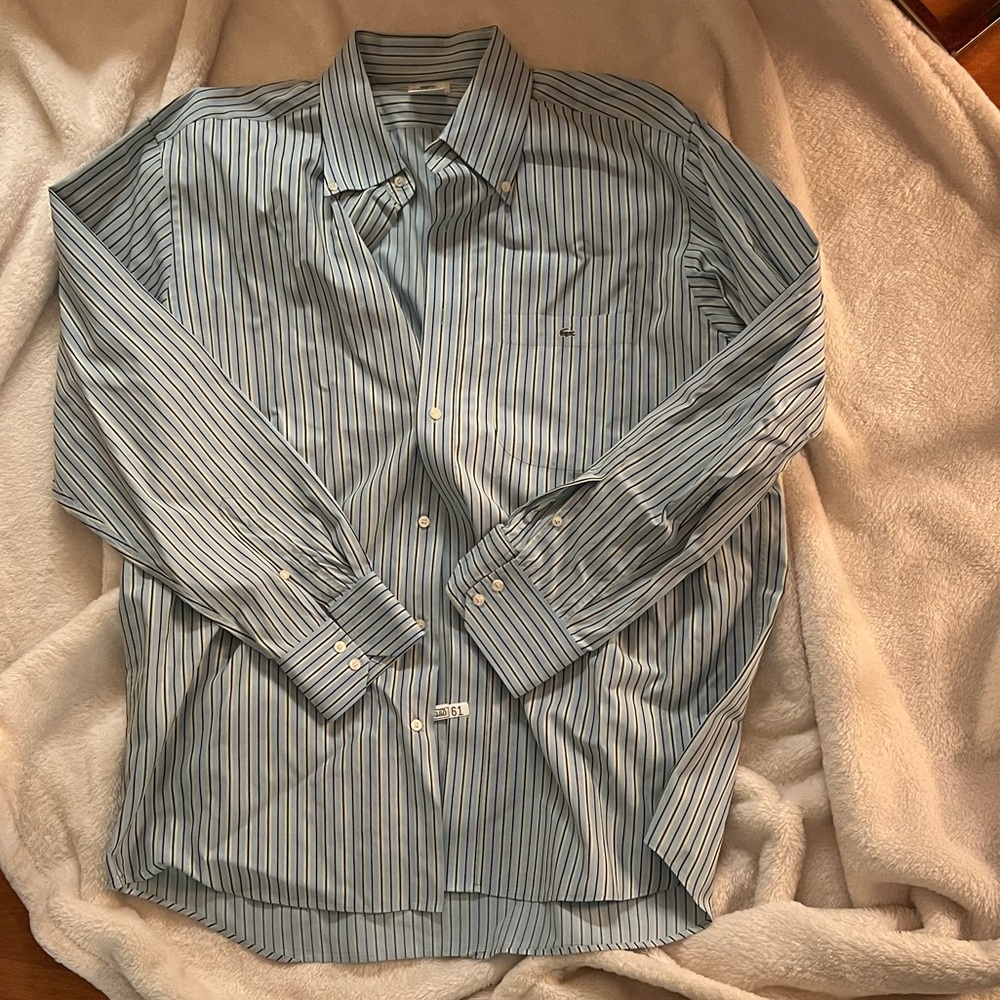 Lacoste Men's Blue and White Striped Shirt